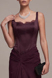 Burgundy Corset Sheath Square Neck Ruched Long Formal Dress with Slit