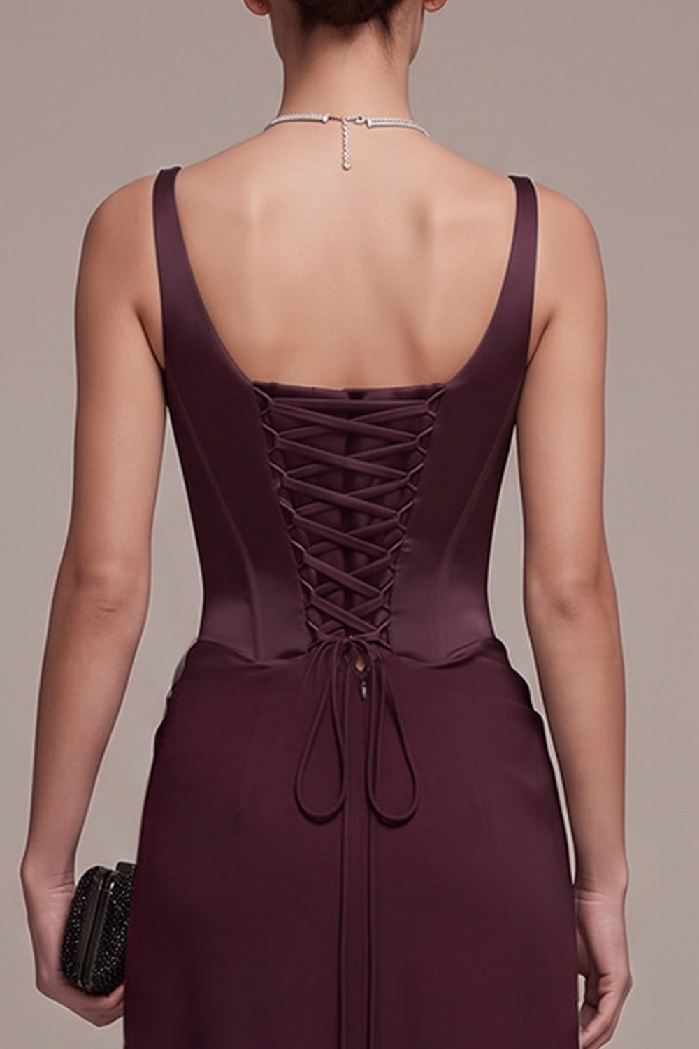 Burgundy Corset Sheath Square Neck Ruched Long Formal Dress with Slit