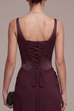 Burgundy Corset Sheath Square Neck Ruched Long Formal Dress with Slit