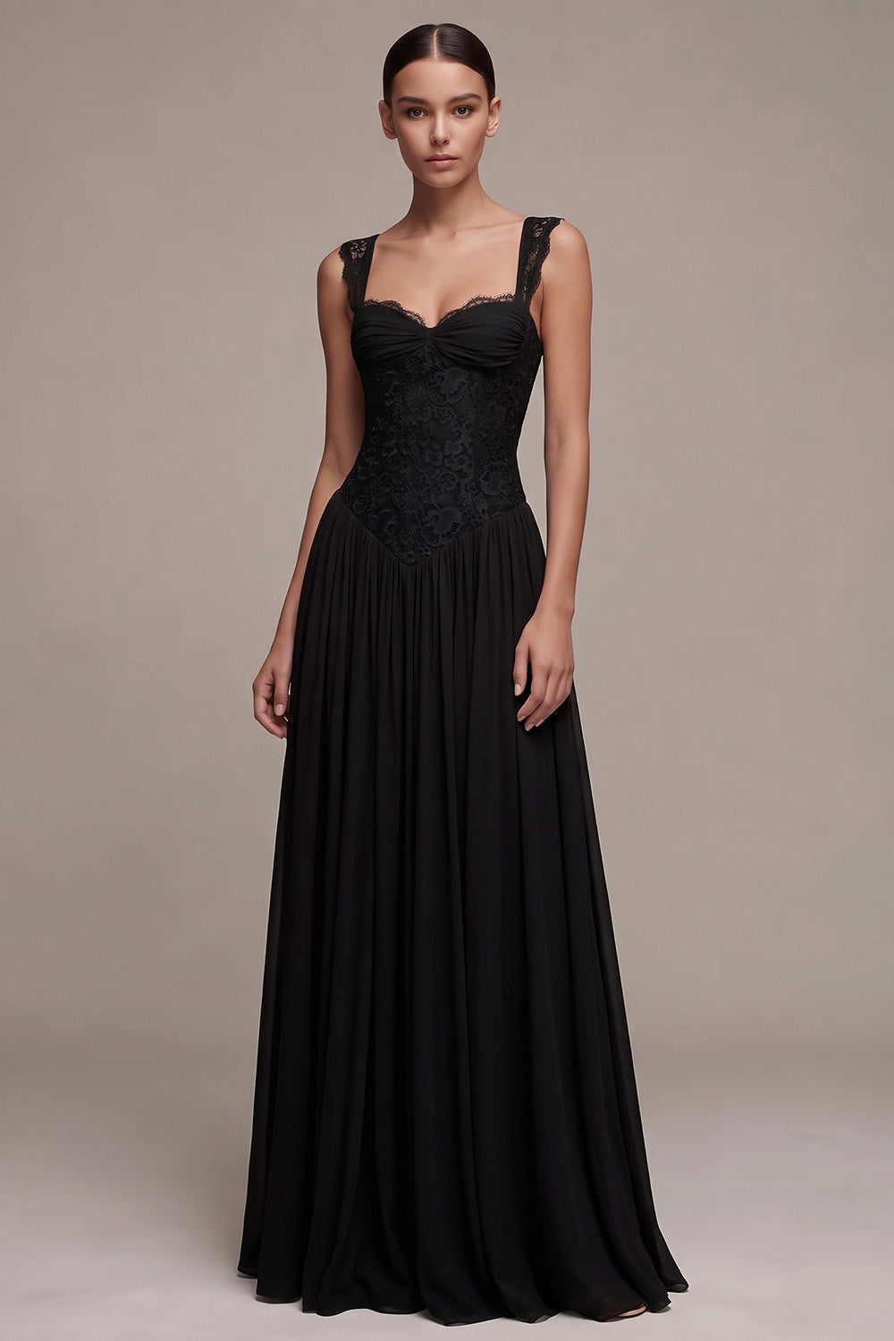Black A Line Floral Lace Sweetheart Ruched Long Formal Dress