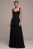 Black A Line Floral Lace Sweetheart Ruched Long Formal Dress