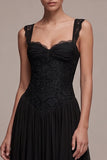 Black A Line Floral Lace Sweetheart Ruched Long Formal Dress
