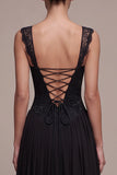 Black A Line Floral Lace Sweetheart Ruched Long Formal Dress