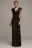 Black Sheath V-Neck Floral Ruched Cap Sleeves Long Formal Dress