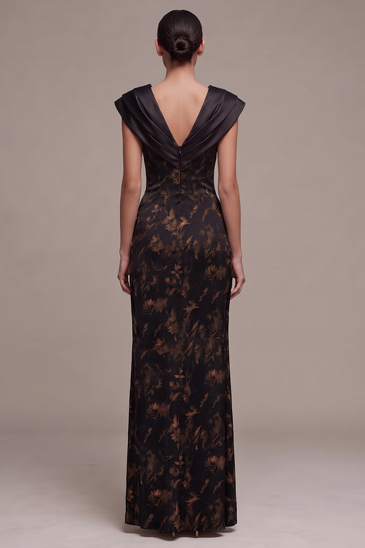 Black Sheath V-Neck Floral Ruched Cap Sleeves Long Formal Dress