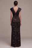 Black Sheath V-Neck Floral Ruched Cap Sleeves Long Formal Dress