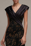 Black Sheath V-Neck Floral Ruched Cap Sleeves Long Formal Dress