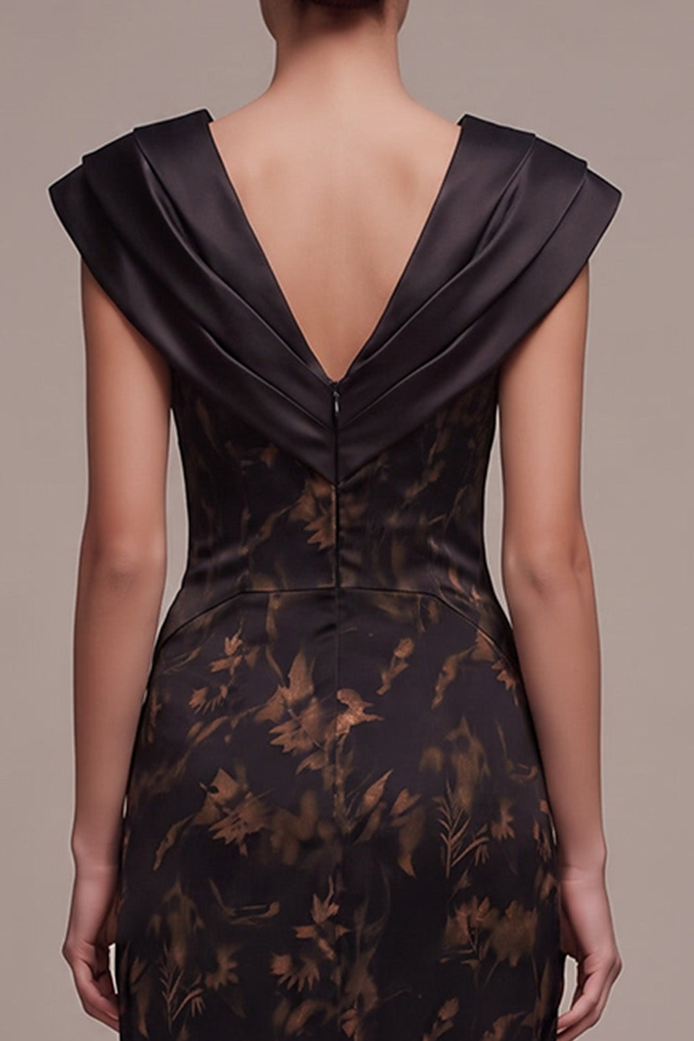 Black Sheath V-Neck Floral Ruched Cap Sleeves Long Formal Dress