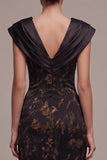 Black Sheath V-Neck Floral Ruched Cap Sleeves Long Formal Dress