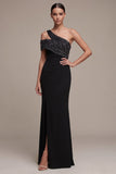 Sparkly Black Mermaid One Shoulder Long Formal Dress with Slit