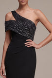Sparkly Black Mermaid One Shoulder Long Formal Dress with Slit