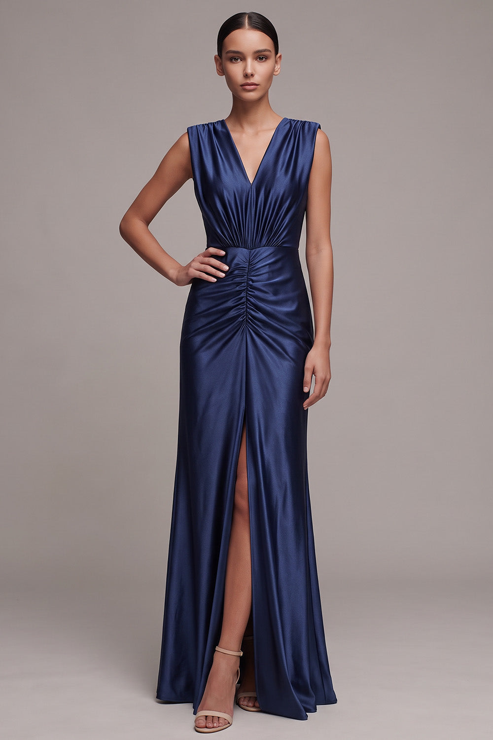Navy Mermaid V-Neck Ruched Satin Long Formal Dress with Slit