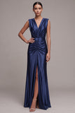 Navy Mermaid V-Neck Ruched Satin Long Formal Dress with Slit