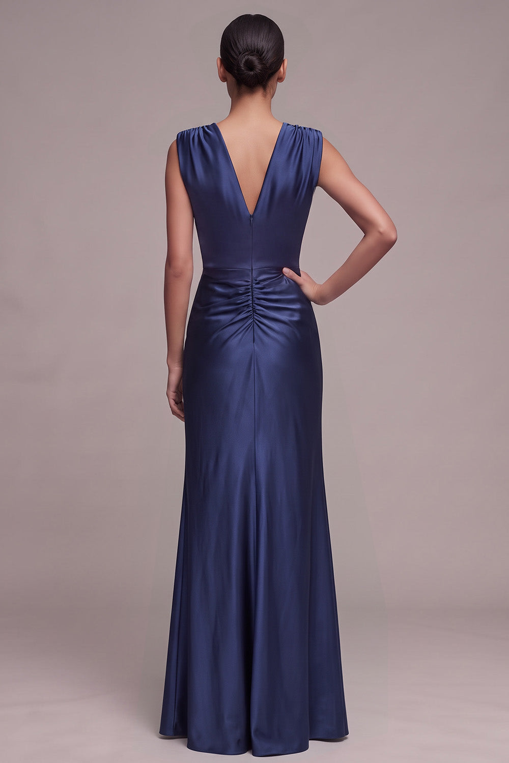 Navy Mermaid V-Neck Ruched Satin Long Formal Dress with Slit