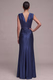 Navy Mermaid V-Neck Ruched Satin Long Formal Dress with Slit