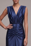 Navy Mermaid V-Neck Ruched Satin Long Formal Dress with Slit