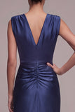 Navy Mermaid V-Neck Ruched Satin Long Formal Dress with Slit