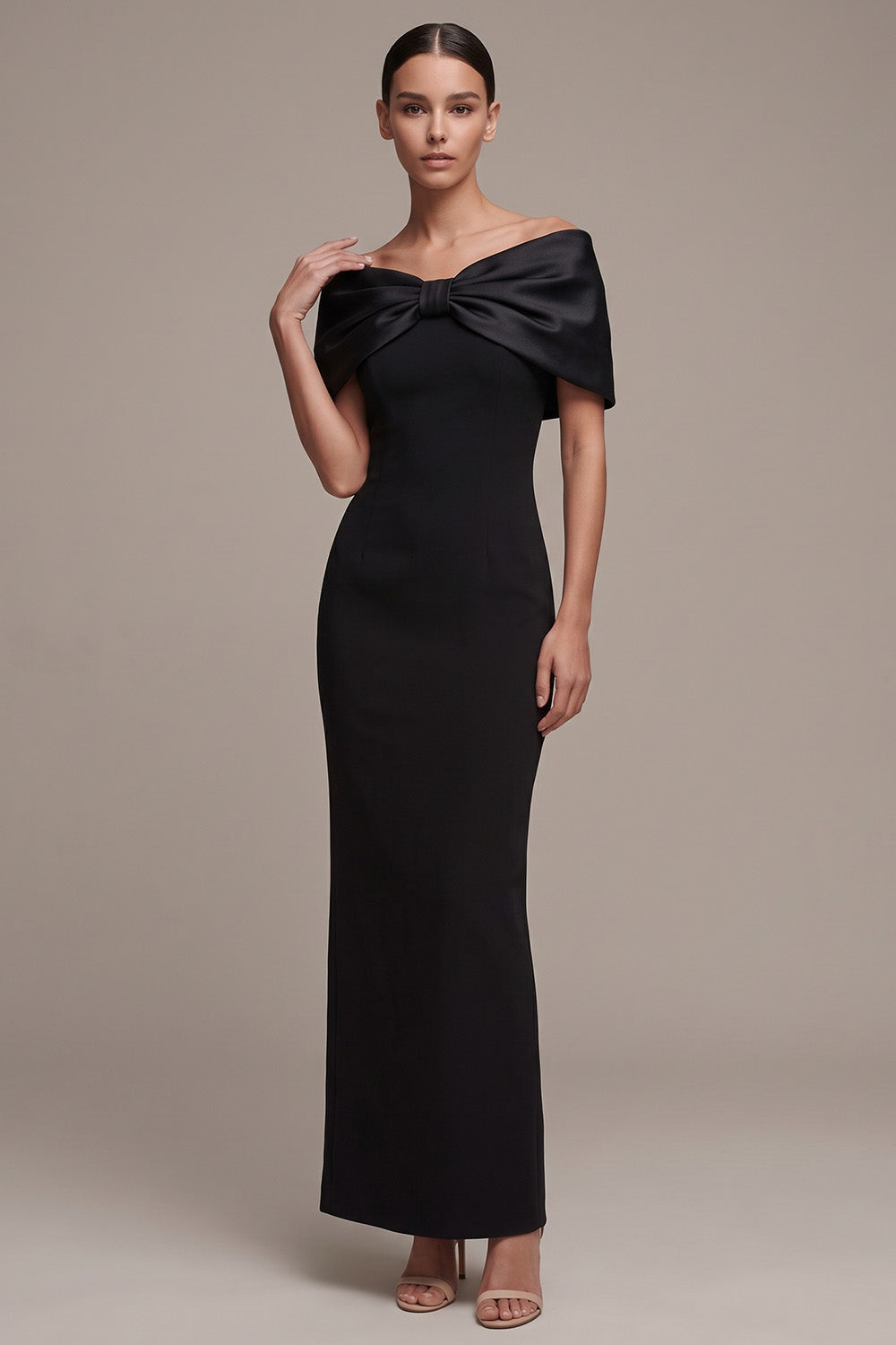 Black Simple Mermaid Off the Shoulder Long Formal Dress with Bow