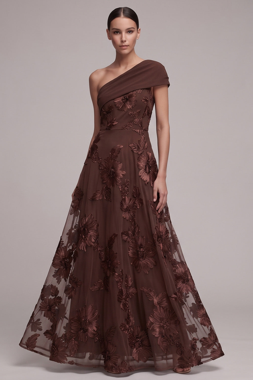 Coffee A-Line One Shoulder Floral Cap Sleeves Long Formal Dress