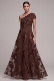 Coffee A-Line One Shoulder Floral Cap Sleeves Long Formal Dress
