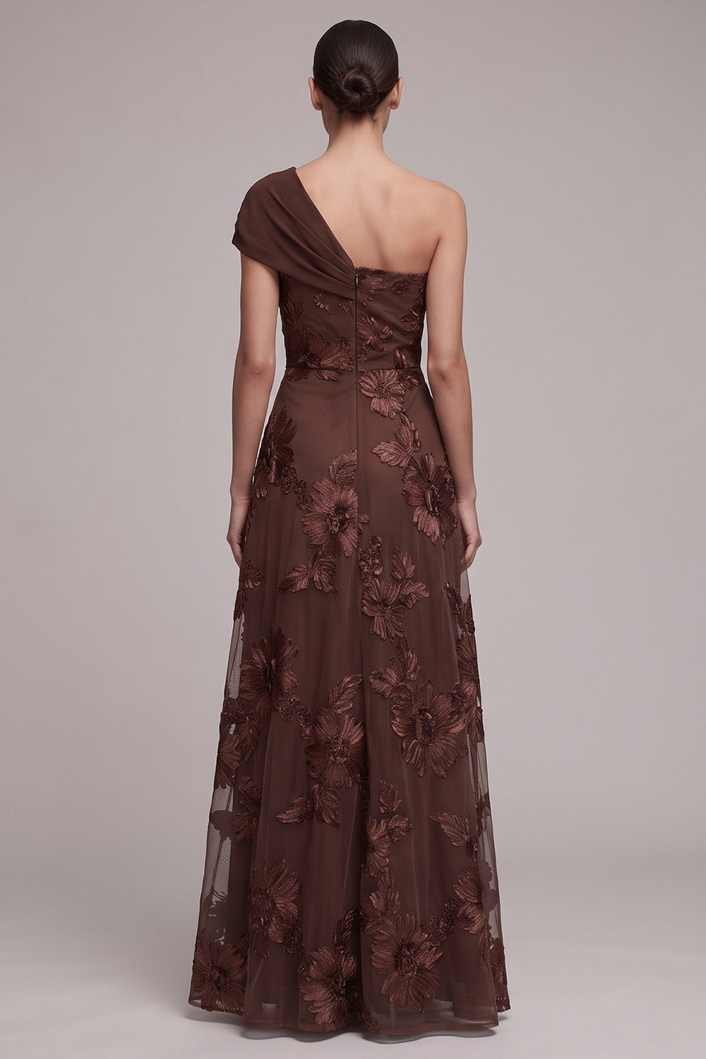 Coffee A-Line One Shoulder Floral Cap Sleeves Long Formal Dress
