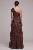 Coffee A-Line One Shoulder Floral Cap Sleeves Long Formal Dress