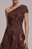 Coffee A-Line One Shoulder Floral Cap Sleeves Long Formal Dress