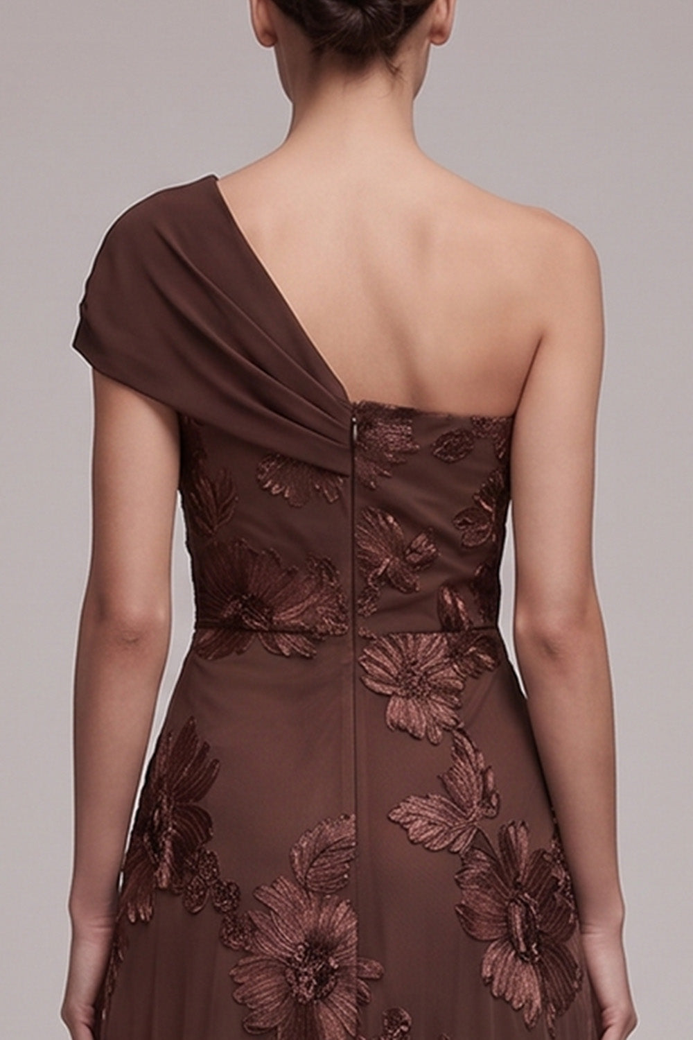 Coffee A-Line One Shoulder Floral Cap Sleeves Long Formal Dress