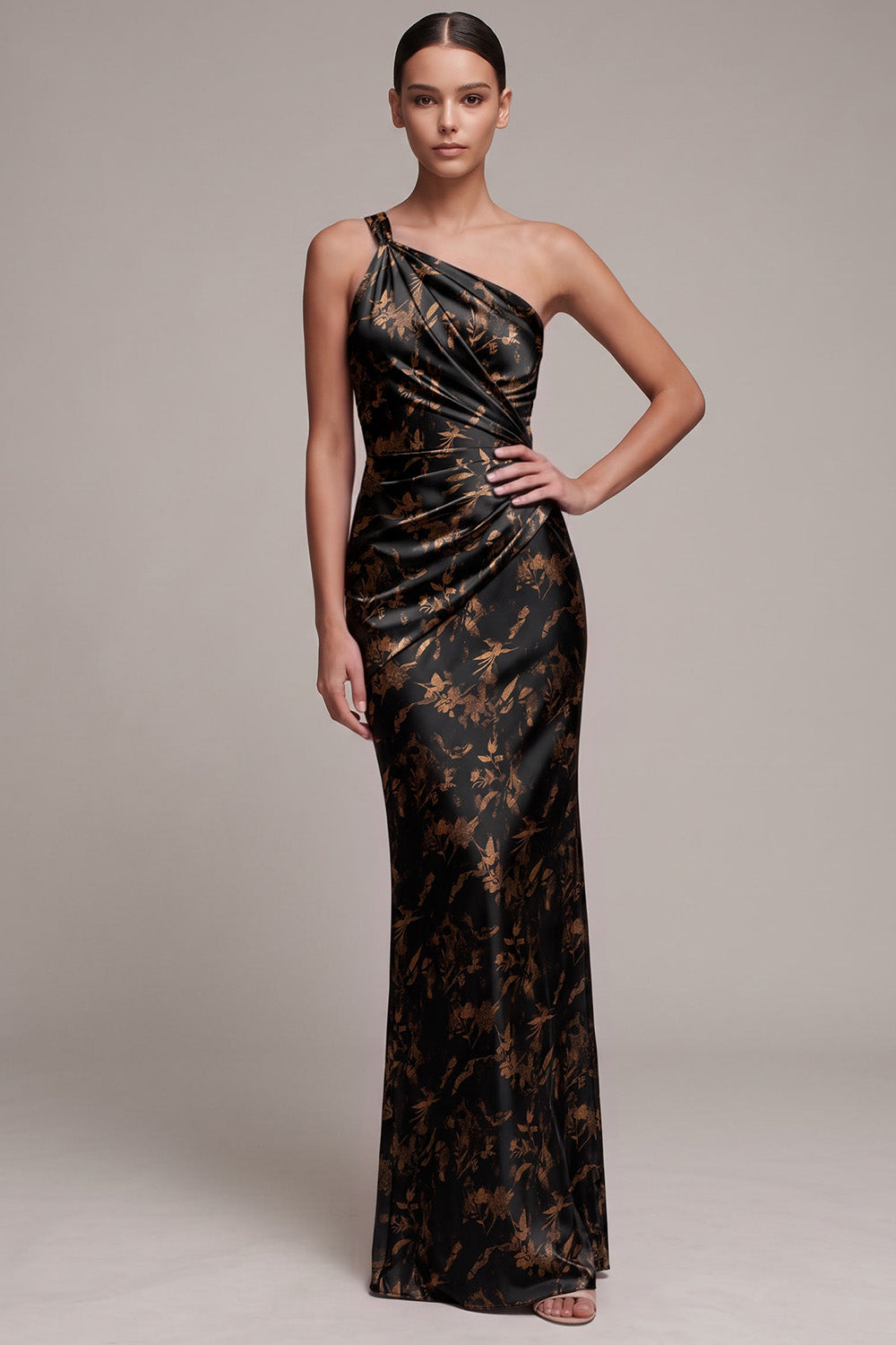Black Mermaid One Shoulder Satin Floral Ruched Long Formal Dress