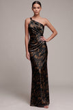 Black Mermaid One Shoulder Satin Floral Ruched Long Formal Dress