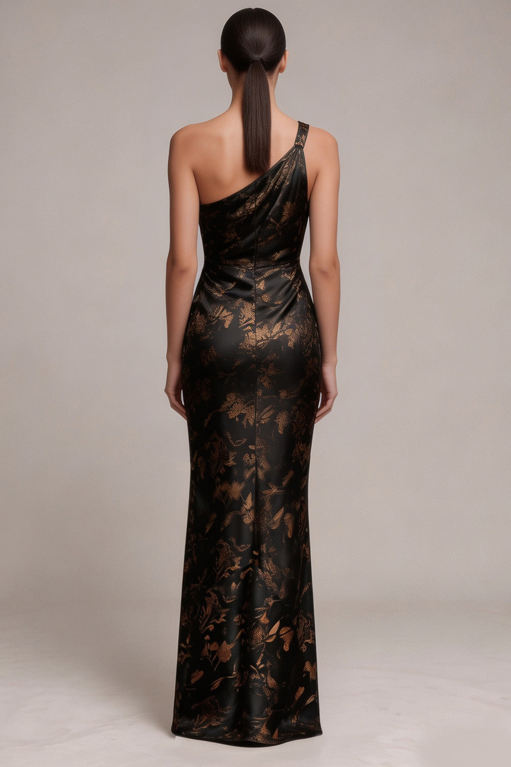 Black Mermaid One Shoulder Satin Floral Ruched Long Formal Dress