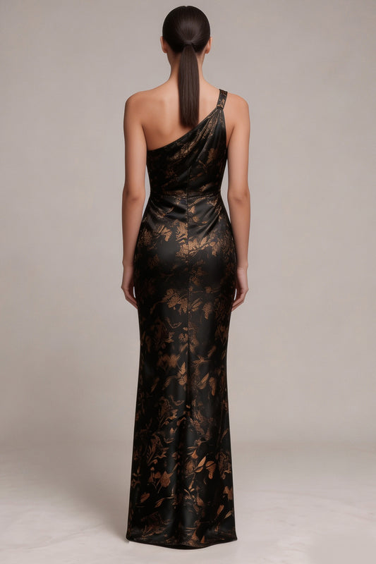 Black Mermaid One Shoulder Satin Floral Ruched Long Formal Dress