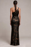 Black Mermaid One Shoulder Satin Floral Ruched Long Formal Dress