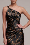 Black Mermaid One Shoulder Satin Floral Ruched Long Formal Dress