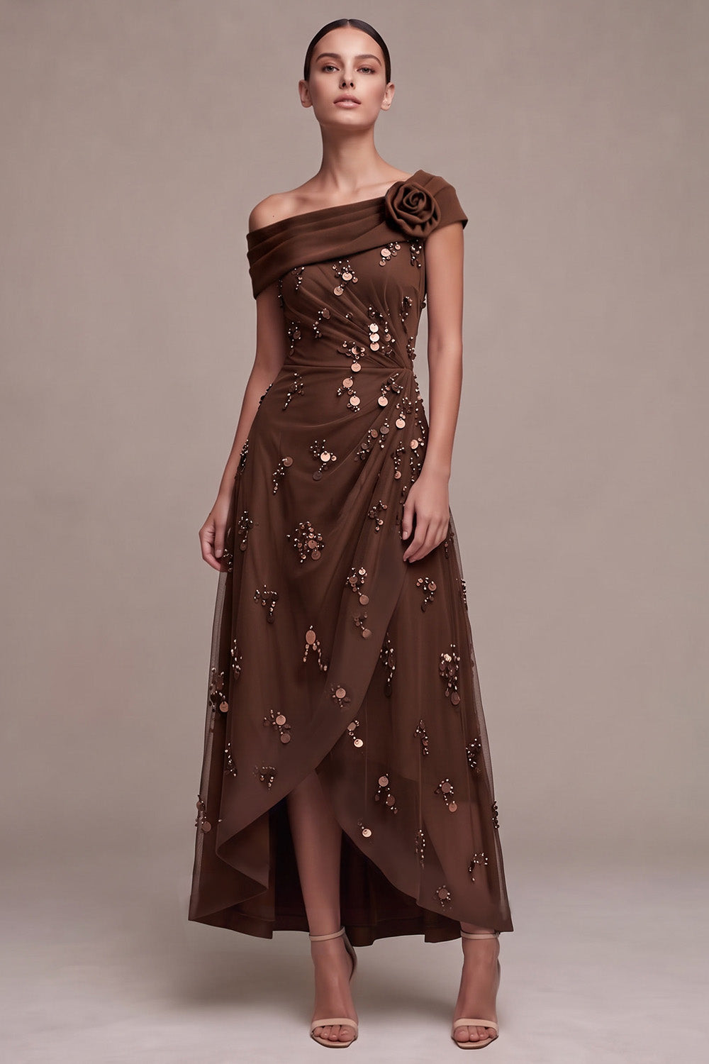 Sparkly Coffee Sheath Beaded Ruched High-Low Formal Dress with 3D Flower