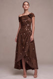 Sparkly Coffee Sheath Beaded Ruched High-Low Formal Dress with 3D Flower