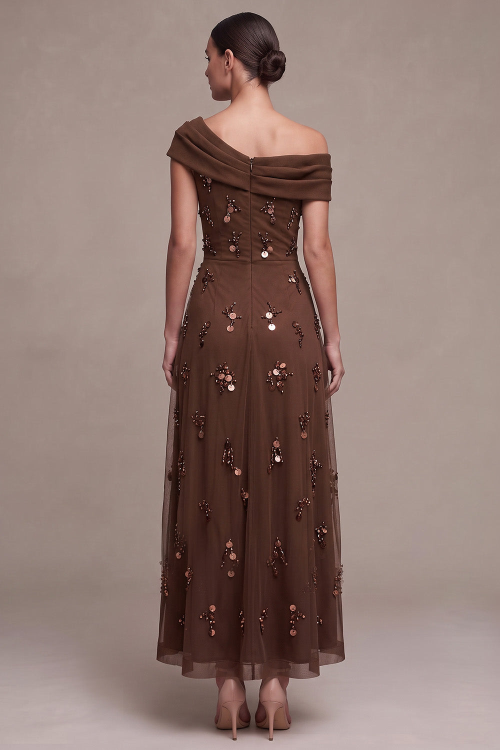 Sparkly Coffee Sheath Beaded Ruched High-Low Formal Dress with 3D Flower