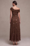 Sparkly Coffee Sheath Beaded Ruched High-Low Formal Dress with 3D Flower