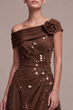 Sparkly Coffee Sheath Beaded Ruched High-Low Formal Dress with 3D Flower