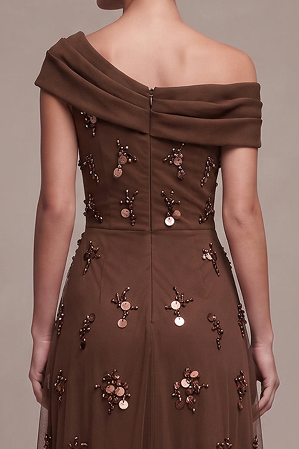 Sparkly Coffee Sheath Beaded Ruched High-Low Formal Dress with 3D Flower