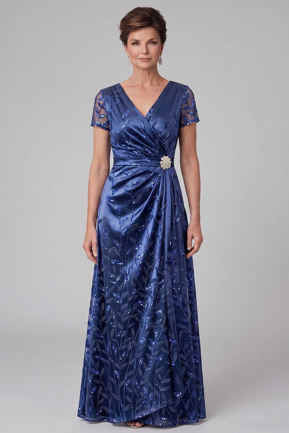 Sparkly Royal Blue Sheath Sequin Beaded Ruched Long Mother of the Bride Dress with Sleeves