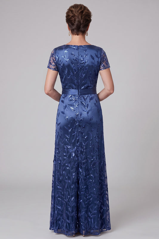 Sparkly Royal Blue Floral Sheath Sequin Ruched Long Mother of the Bride Dress with Sleeves