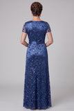 Sparkly Royal Blue Sheath Sequin Beaded Ruched Long Mother of the Bride Dress with Sleeves