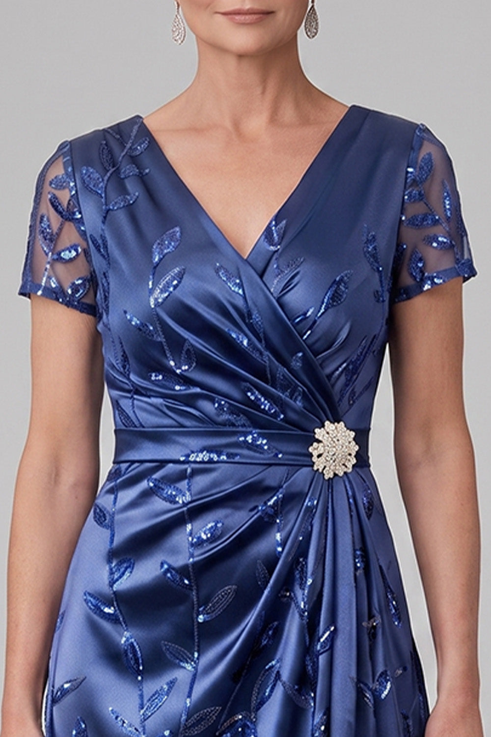 Sparkly Royal Blue Sheath Sequin Beaded Ruched Long Mother of the Bride Dress with Sleeves
