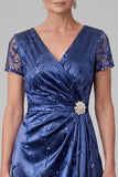 Sparkly Royal Blue Sheath Sequin Beaded Ruched Long Mother of the Bride Dress with Sleeves