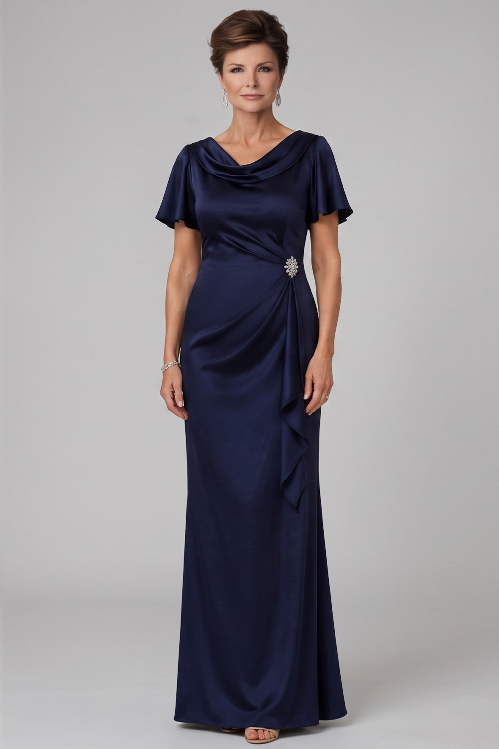 Navy Mermaid Ruched Beaded Satin Long Mother of the Bride Dress with Sleeves