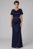 Navy Mermaid Ruched Beaded Satin Long Mother of the Bride Dress with Sleeves