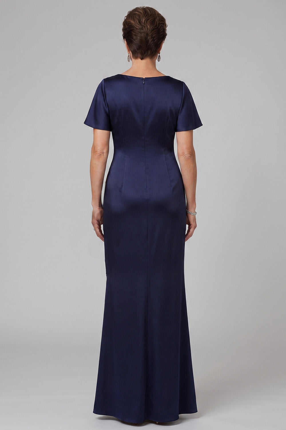 Navy Mermaid Ruched Beaded Satin Long Mother of the Bride Dress with Sleeves
