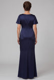 Navy Mermaid Ruched Beaded Satin Long Mother of the Bride Dress with Sleeves