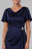 Navy Mermaid Ruched Beaded Satin Long Mother of the Bride Dress with Sleeves
